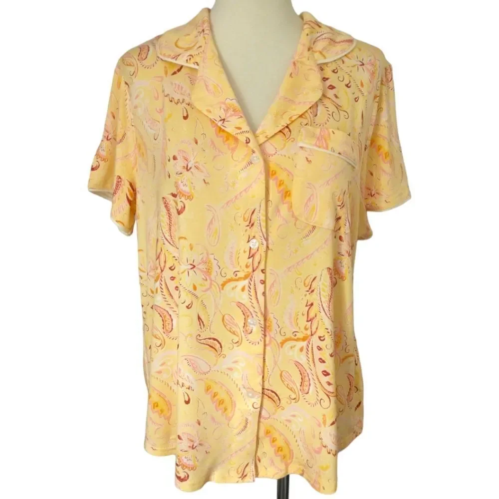 Stars Above Pajama Top New Tags Medium Paisley Pastel Yellow Soft Short Sleeves.